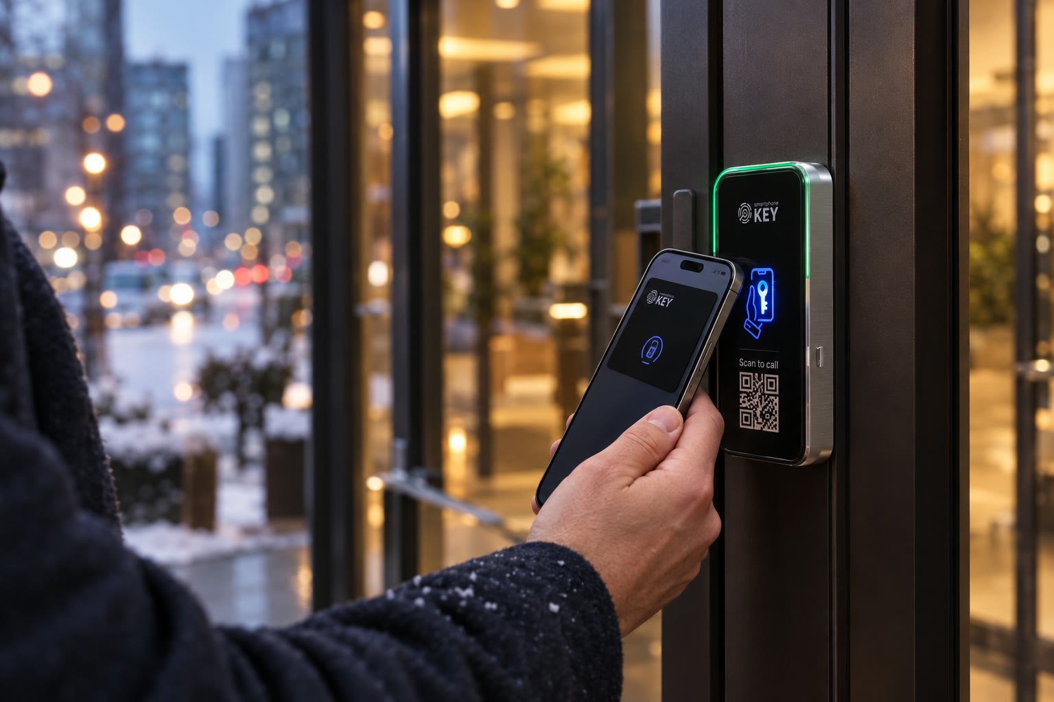 A hand holds a phone to the SmartphoneKey reader on a dark door frame; the reader edge glows green.