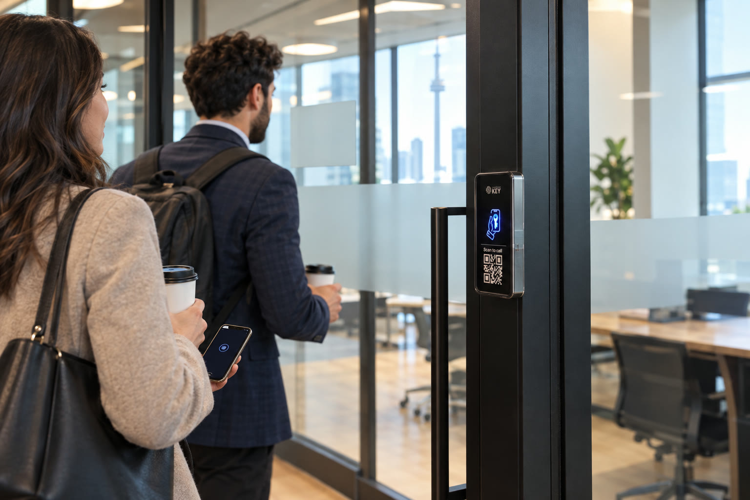Illustrative workplace arrival through glazed office doors, with the reader visible beside the incoming colleagues.
